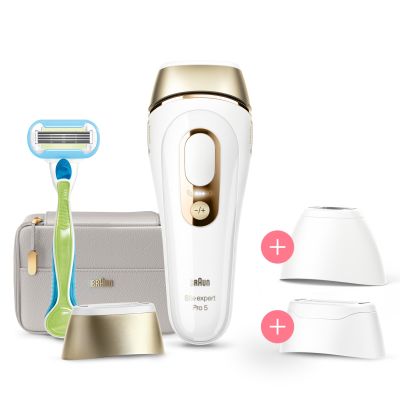 Braun IPL Silk-Expert Pro 5, At Home Hair Removal Device with Pouch, White/Gold, PL5257