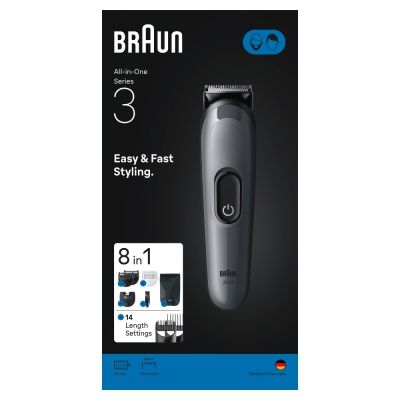 Braun All-in-One Series 3, 8in1 Grooming Kit, Sharp Blade, 14 Lengths, AIO3540, Grey