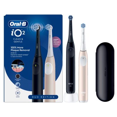 Oral-B iO 2 Electric Toothbrush, 2-Pack, Black & Pink, 2 Brush Heads, Travel Case