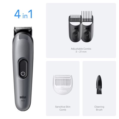Braun All-in-One Series 3, 4in1 Grooming Kit, Sharp Blade, 14 Lengths, AIO3500, Grey