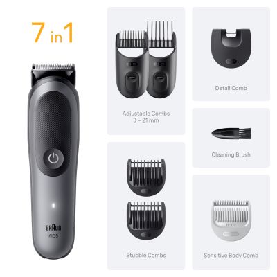 Braun All-in-One Kit Series 5, 7in1 Grooming, Sharp Blade, Body Trim, AIO5520, Grey