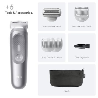 Braun Body Groomer Series 7, +6 Grooming Tools, Trim & Shave, Waterproof, BG7550, Grey