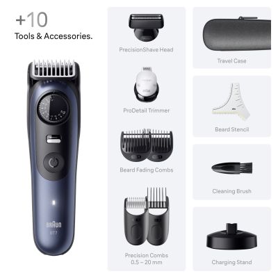 Braun Beard Trimmer Series 7, +10 Barbering Tools, 40 Lengths, ProBlade, BT7540, Blue