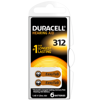 Duracell Easy Tab 312 Hearing Aid Batteries 6 Pack